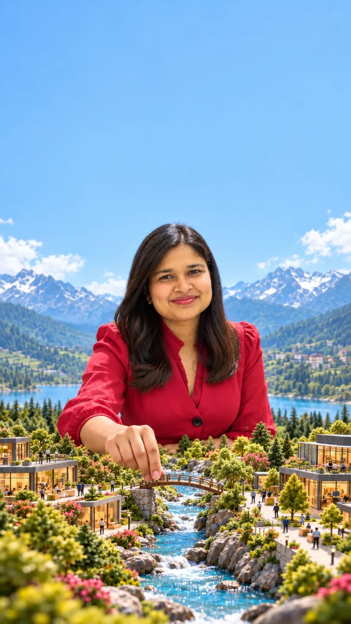 Charul Sharma looking directly at you in a miniature world of career pathways.